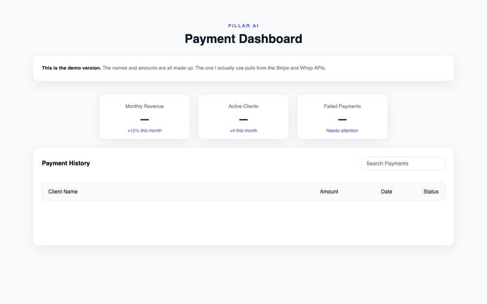 Payment Dashboard showing monthly revenue, active clients, and payment history